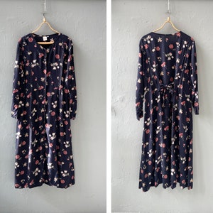 Vintage 90s Black Floral Dress Women Black Floral Maxi Dress Floral Long Sleeve Dress Floral Button Up Dress Floral Long Dress Black Dress L