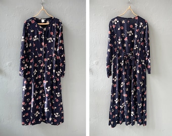 Vintage 90s Black Floral Dress Women Black Floral Maxi Dress Floral Long Sleeve Dress Floral Button Up Dress Floral Long Dress Black Dress L