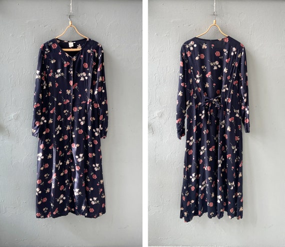 Vintage 90s Floral Maxi Dress: Lightweight Button-Down, Size L