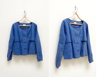 Vintage Linen Jacket Blue Linen Jacket Women Oversize Linen Jacket Blue Linen Blazer XL Blue Button Blazer Women Linen Jacket XXLBlue Jacket