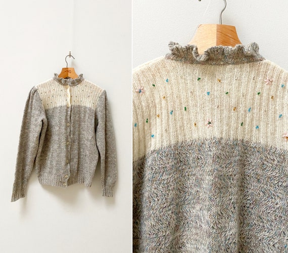 90s オールド モヘア カーディガン ニット セーター ジャケット グレー 90年代ヴィンテージモヘアカーディガン：グレービーズ花柄ニット