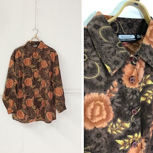 Vintage 90s Abstract Blouse Womens Oversize Shirt Dress 80s Brown Orange Button Down Top Womens XL Floral Patterned Blouse Womens Shirt XL