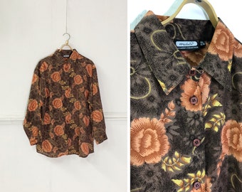 Vintage 90s Floral Blouse: Oversized Abstract Button-Down Top, XL