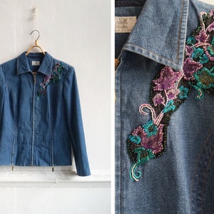 Vintage 90s Denim Jacket Floral Denim Jacket Womens Jean Jacket S Embroidered Denim Jacket Flower Embroidery Jacket Small Blue Denim Jacket