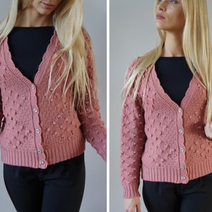 Vintage Knitted Cardigan Womens Jacket M Popcorn Cardigan Womens Popcorn Sweater Pink Cardigan Knit Cardigan M Pink Polka Dot Sweater M