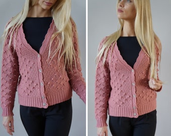 Vintage Knitted Cardigan Womens Jacket M Popcorn Cardigan Womens Popcorn Sweater Pink Cardigan Knit Cardigan M Pink Polka Dot Sweater M