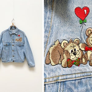 Vintage 90s Denim Jacket Women Jean Jacket Bear Applique Denim Jacket M L Blue Jean Jacket Women Oversize Denim Jacket Embroidered Jacket