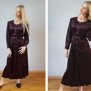 Vintage Velvet Maxi Dress: Burgundy Button-Up Wrap, Size L-XL