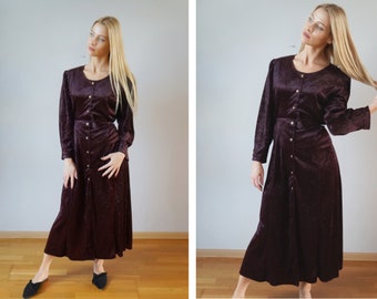 Vintage Samt Maxi Kleid: weinrotes Wickelkleid, Gr. L-XL