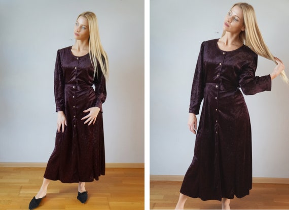 Vintage Velvet Dress Womens Maxi Dress L Burgundy