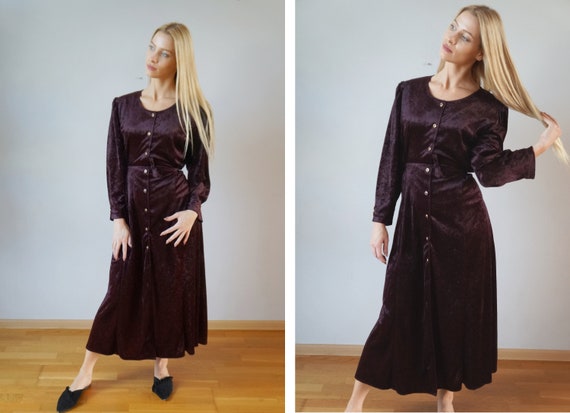 Vintage Velvet Dress Womens Maxi Dress L Burgundy… - image 1