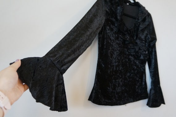 Vintage Flare Sleeve Blouse Velvet Top Womens M 90s Velour Sweater Flared Sleeves Top Black Velvet V neck Bell Sweater Womens Velvet Top M