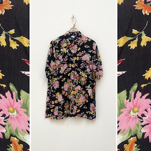 Vintage 90s Floral Shirt Women Floral Blouse L Black Floral Shirt Large Women Patterned Shirt Women Short Sleeve Shirt Women Summer Top L