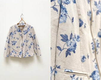 Vintage 90s Toile de Jouy Linen Blazer: Blue Floral Jacket, Large