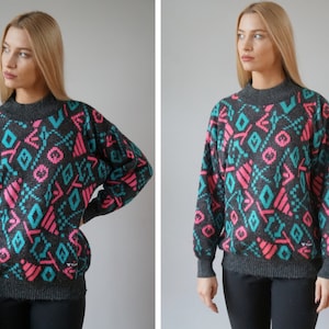 Vintage 90s Wool Jumper Womens Colorful Medium Size Sweater Vintage Abstract Jumper Ornament Patterned Jumper Vintage Knitted Sweater L