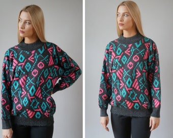 Vintage 90s Wool Jumper Womens Colorful Medium Size Sweater Vintage Abstract Jumper Ornament Patterned Jumper Vintage Knitted Sweater L