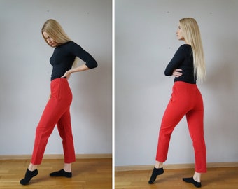 Vintage Red Pants 27 High Waisted Red Trousers Womens M Pants Red High Rise Waist 27 Trousers 90s Womens High Waist Pants S M