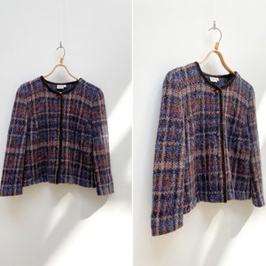 Vintage 90s Knitted Plaid Blazer Womens Plaid Blazer Checkered Blazer Womens Plaid Jacket Wool Knit Blazer Alpaca Blazer Checked Blue Blazer