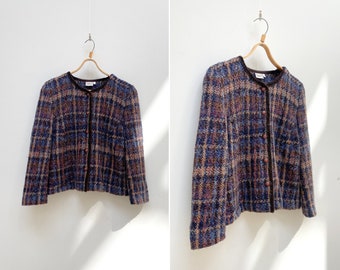 Vintage 90s Knitted Plaid Blazer Womens Plaid Blazer Checkered Blazer Womens Plaid Jacket Wool Knit Blazer Alpaca Blazer Checked Blue Blazer