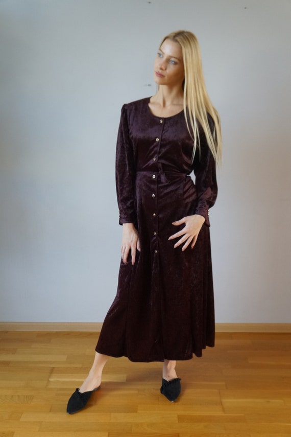 Vintage Velvet Dress Womens Maxi Dress L Burgundy… - image 2