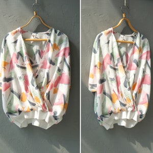 Vintage 90s Pastel Blouse Womens Pastel Blouse Pink White Abstract Top Womens Abstract Blouse Layered Blouse L XL Colorful Pastel Top L XL