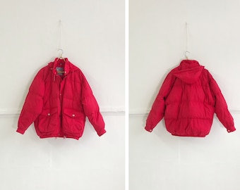Vintage 90s Down Puffer Jacket Mens Padded Jacket Womens Oversized Winter Jacket Baggy Red Down Jacket Womens Red Puffer Mens Red Jacket L