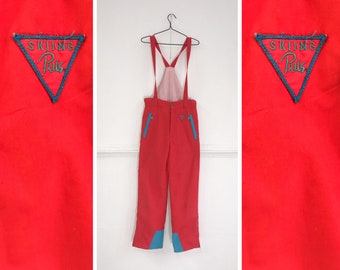 Macacão de esqui vermelho vintage: calças de neve dos anos 90 com alças (feminino M-G)
