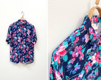 Bluzka z wiskozy w kwiaty w stylu vintage z lat 90. – romantyczna koszula z kołnierzykiem, rozmiar M