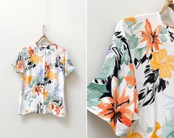 Blusa de viscosa con estampado floral vintage de los años 90 - Top de manga corta para mujer (talla M)