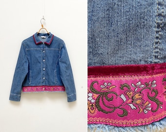 Vintage ESPRIT Denim Jacket: Floral Trim Jean Shirt, Medium