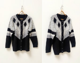 Vintage 90s Geometric Knit Cardigan: Black & Gray Wool Blend