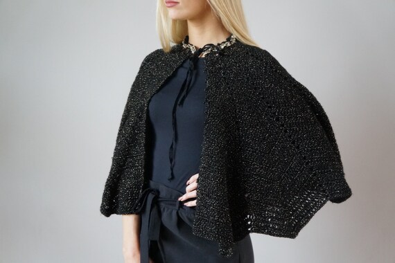 Vintage Cape Womens 90s Black Cape Knitted Golden… - image 4
