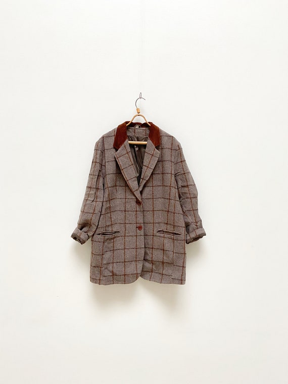 Vintage 90s Beige Wool Blazer Womens XL Checked Blazer