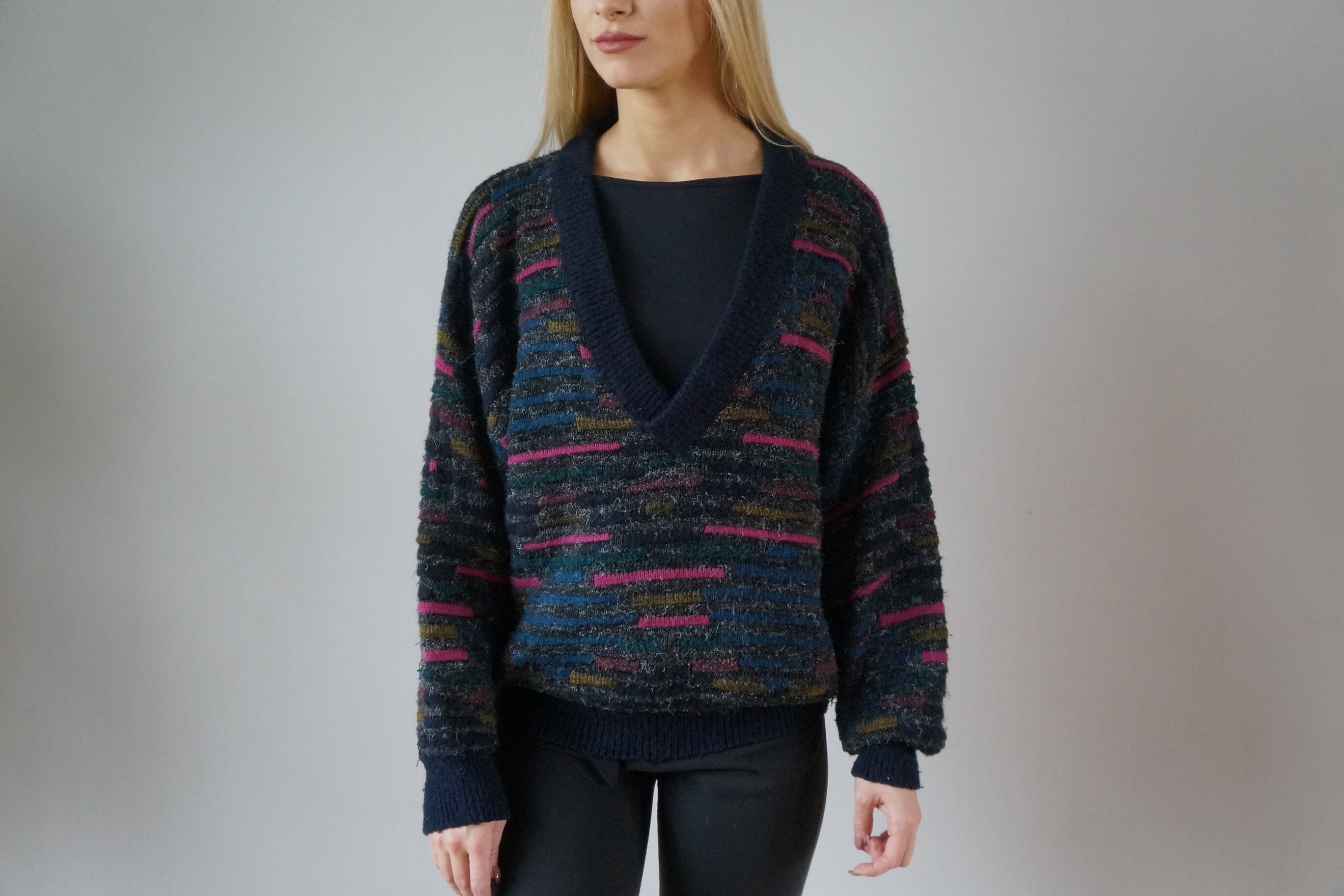 Vintage 90s Striped Wool Blend Sweater - Deep V-neck Oversized