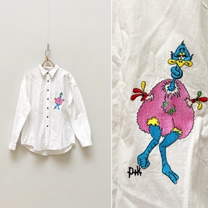 Vintage 90s Southwest Shirt White Embroidered Shirt Ostrich Shirt White Long Sleeve Shirt Cartoon Shirt Mens Hippie Shirt Southwest Top XL