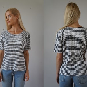Vintage Striped Top 90s Womens Shortsleeve Top White Black Striped Cotton Shortsleeve Sweater Womens M size Top Vintage Striped Tshirt Top M
