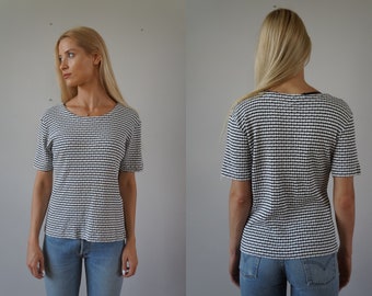 90s Vintage Striped Cotton Top: Womens Shortsleeve Sweater (M)