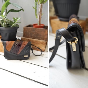 Vintage Bag Vintage Handbag 90s Shoulder Bag Womens Strapped Purse Bag Artificial Leather 90s Faux Crocodile Skin Bag Brown Black Clutch Bag