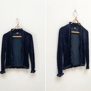 Vintage 90s Velvet Bolero Womens XS Ruffled Velvet Jacket Open Front Jacket Black Velvet Cardigan Black Bolero Jacket Ruffled Bolero XS