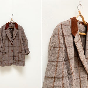 Vintage 90s Beige Wool Blazer Womens XL Checked Blazer Oversize Blazer XL Checked Wool Jacket Womens Plaid Blazer Vintage Blazer Coat XL