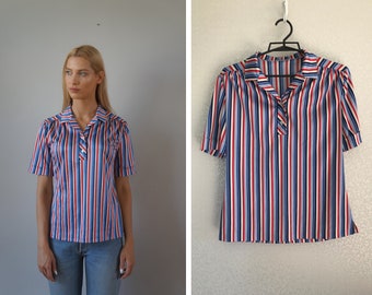 Vintage 90s Striped Blouse Colorful Abstract Womens Top Short Sleeve Striped Top Vintage Colorful Womens Shirt Medium Size Top