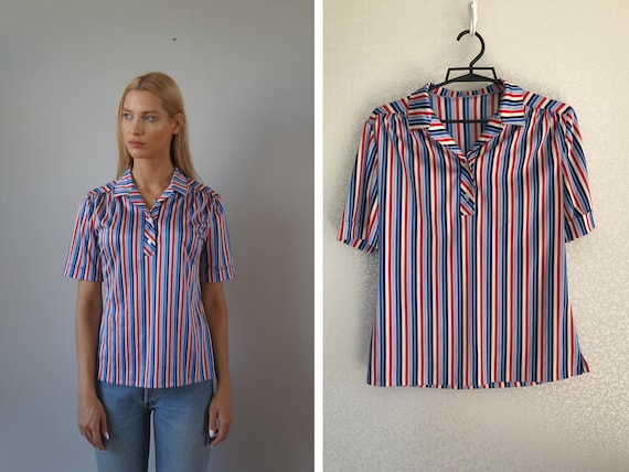 Vintage 90s Striped Blouse: Colorful Abstract Short Sleeve Top