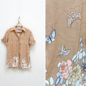 Vintage 90s JARVI MUOTI Blouse Beige Linen Blouse Butterfly Top S Linen Floral Top Beige Floral Blouse Linen Short Sleeve Top Small