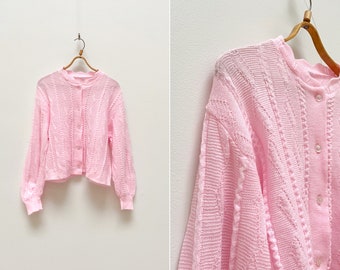 Vintage 90s Pink Cardigan Womens Pink Knit Cardigan L Baby Pink Cardigan Womens Pink Romantic Jacket L Pink Sweater Striped Pink Cardigan