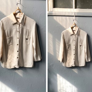 Vintage 90s Linen Jacket Womens Beige Linen Jacket Beige Linen Shirt S Beige Linen Blouse S Linen Collared Blouse Linen Shirt Jacket Small