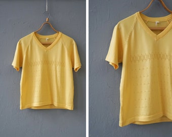 Vintage 70s Yellow Embroidered Top: Womens M/L Short Sleeve Blouse