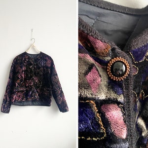 Vintage 90s Velvet Blazer Purple Floral Soft Jacket Golden Detail Blazer Boho Blazer Floral Velvet Jacket Purple Velvet Patterned Jacket L