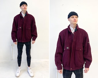 Vintage 90s Burgundy Bomber Jacket Men L Baggy Bomber Jacket Red Zip Up Jan Stuart Bomber Jacket Mens Red Jacket Red Wool Bomber Jacket L