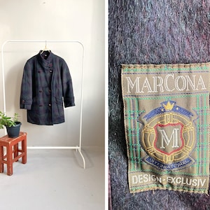Vintage 90s Blue Wool Coat Check Wool Coat Women Wool Midi Coat Wool Mohair Coat Marcona Wool Coat Plaid Wool Coat M Checkered Wool Jacket M