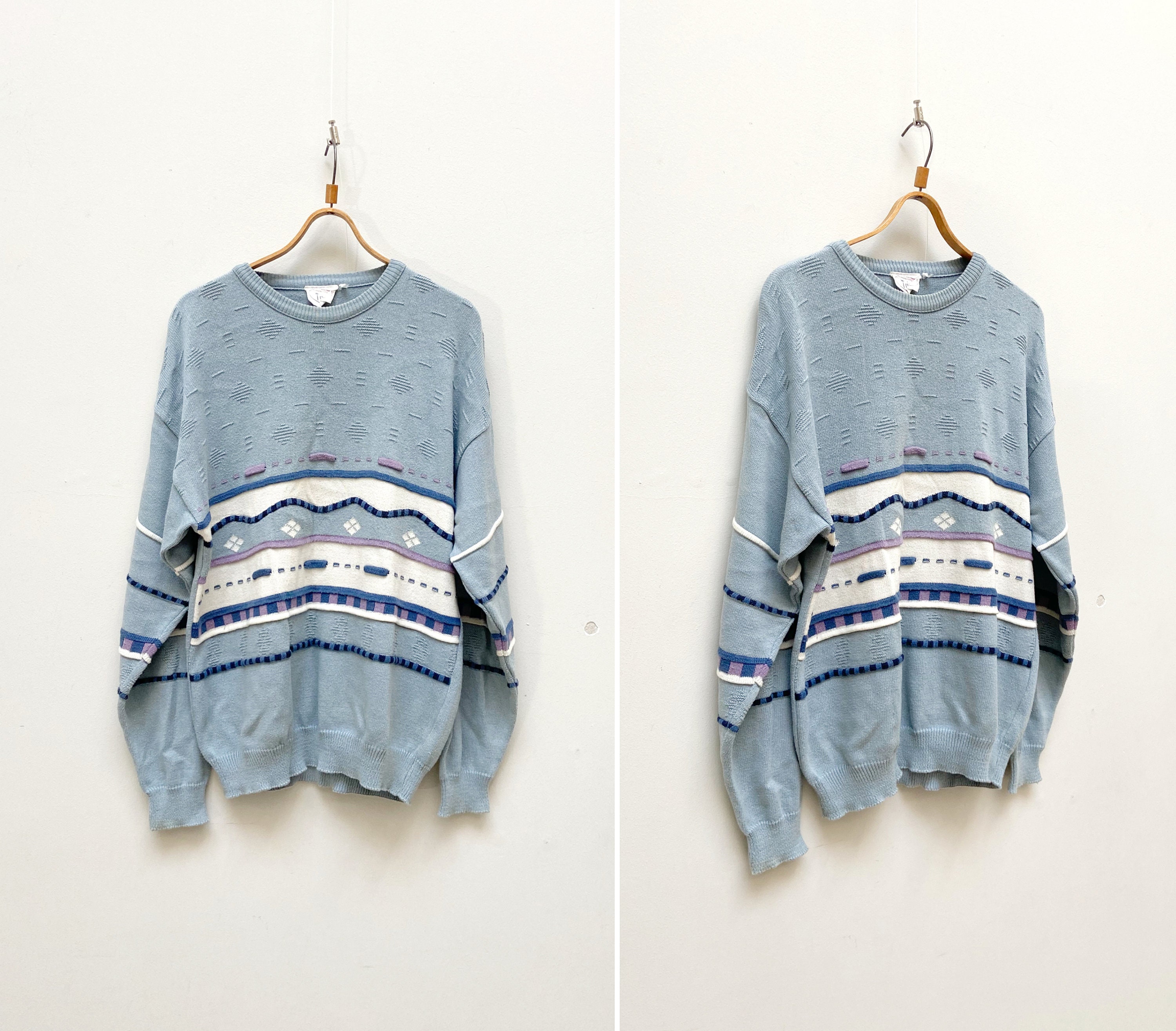 Vintage 90s Striped Sweater Pastel Blue Sweater Made In Finland Blue Knit Jumper Blue Knit Sweater L Warm Sweater Men Winter Jumper Large